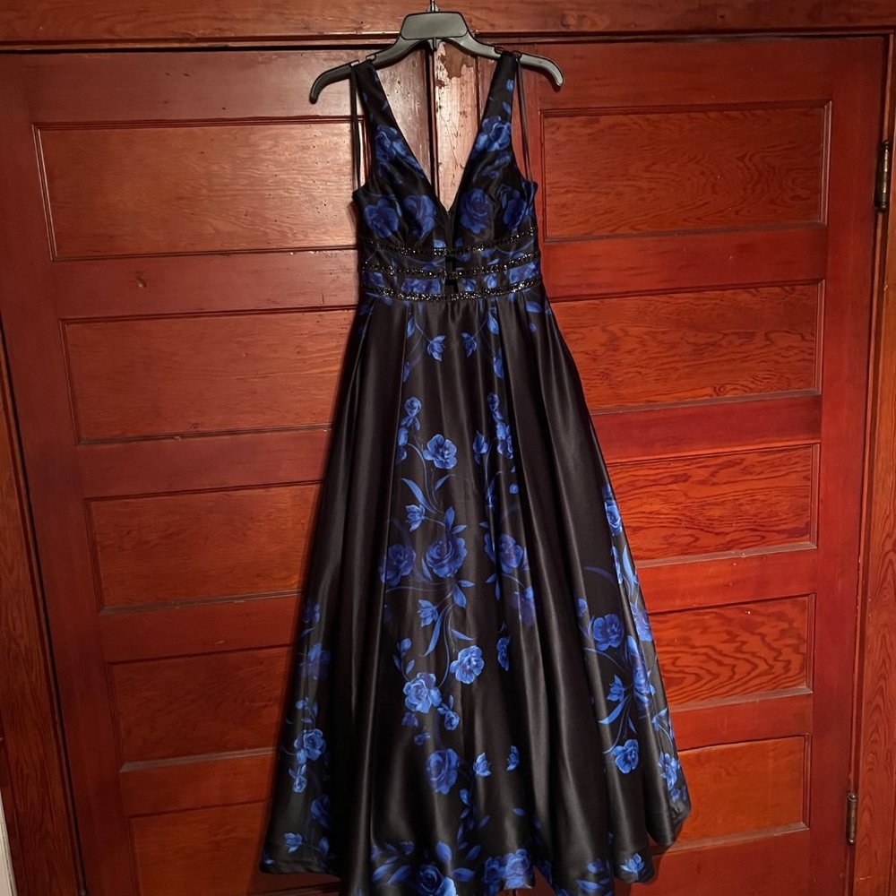 BLONDIE NITES Womens Black and Blue Embellished Floral Sleeveless V Neck Full-Le